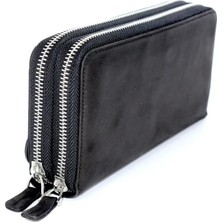 Meegora %100 Hakiki Deri Çift Fermuarlı Büyük Siyah Boy Kadın/erkek Unisex Model Cüzdan/el Portföyü