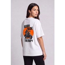 Black Nova Oversize Baskılı Unisex %100 Pamuk T-Shirt Motorcycle Therapy Beyaz