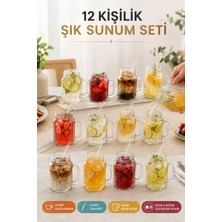 12'li Kulplu Kavanoz 12'li Pipet Hediyeli Set Model Kokteyl Soğuk Kahve Meşrubat Bardak Seti 350 ml