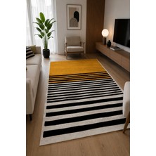 Qatalina Modern Çizgili Hardal Sarısı Kaymaz Taban Dijital Baskı Salon Oturma Odası Halısı 4 Mevsim