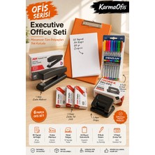 KarmaOfis Ofis Serisi Executive Office Seti | Turuncu A4 Sekreterlik, 50 Yaprak A4 Kağıt, Zımba Makinesi, Delgeç, 8 Renk Kalem ve 3 Paket Zımba Teli
