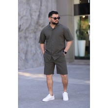 Myrab Denim Koyu Haki Renk Gömlek Şort Erkek Keten Takım Oversize Kalıp
