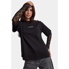 It's Basic Kadın Siyah W6-1 Oversize Dantel Detaylı Uzun Kollu Tasarım T-Shirt