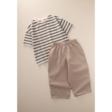 Cigit Oversize T-Shirt  Geniş Kesim Pantolon Takım 2-10 Yaş Antrasit Vizon Çizgili