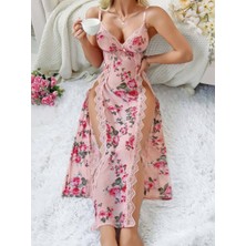Lavishh Lela Pembe Çiçek Desenli Dantelli Derin Yırtmaçlı Uzun Gecelik Tanga Takımı