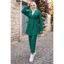Hafsa Mina Cepli Bağlamalı Kimonolu Ikili Takım Zümrüt HM2941