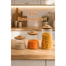 Porsima Mushroom Bambu Vakumlu Kapaklı Yuvarlak Borosilikat Cam 3lü Kavanoz Seti Saklama Kabı