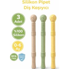 Erma Home Bebek Diş Kaşıyıcısı Silikon Pipet & Diş Kaşıyıcı Set – 3’lü (Bej, Yeşil & Sarı) Dişlik Çiğneme Tüpü Pipet