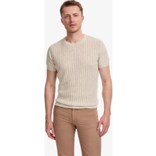 Pierre Cardin Bej Slim Fit Keten Karışımlı Bisiklet Yaka Triko Tişört 50323949-VR011