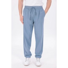 Blayn Jeans Erkek Buz Mavi Jogger Pantolon Beli Lastikli Bağcıklı %100 Pamuk Keten Baggy Rahat Günlük Pantolon
