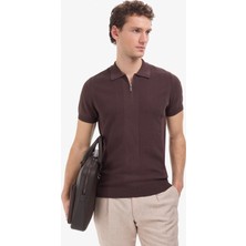Pierre Cardin Koyu Kahverengi Slim Fit Polo Yaka Fermuarlı Triko Tişört 50320793-VR084