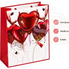 BeySüS 32x26 cm İthal Kırmızı Kalpli Hediyelik Kağıt Çanta 5 Adet