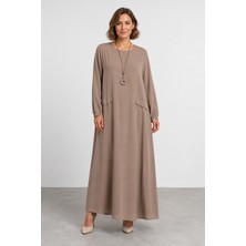 Bihan Store Kapaklı Cep Detaylı Bisiklet Yaka Dökümlü Maxi Elbise Y26-26197-BEJ