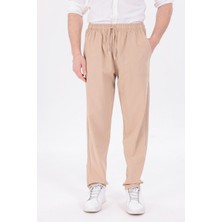 Blayn Jeans Erkek Bej Jogger Pantolon Beli Lastikli Bağcıklı %100 Pamuk Keten Baggy Rahat Günlük Pantolon