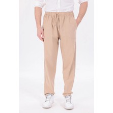 Blayn Jeans Erkek Bej Jogger Pantolon Beli Lastikli Bağcıklı %100 Pamuk Keten Baggy Rahat Günlük Pantolon