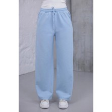 Myrab Denim Kadın Mavi Baggy Keten Pantolon Lastikli Bel Bağcıklı Rahat Geniş Paça Yazlık Pantolon