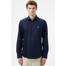 Lacoste Men's Slim Fit Button-Down Collar Linen Shirt Erkek Düğmeli Yaka Pamuklu Gömlek Lacivert