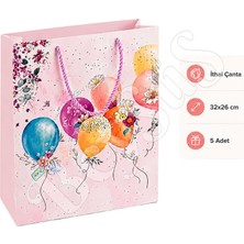 BeySüS 32x26 cm İthal Çiçekli Balonlu Hediyelik Kağıt Çanta Pembe 5 Adet