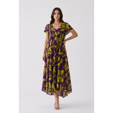 Sibel Günay Butik Mor Lime Pikasso Desenli 120 cm Pamuk Viskon Verev Kesim Elbise | V Yaka, Salaş Kadın Elbise
