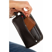 Sannora Bags Siyah Deri Portföy El Çantası Seyahat Traş Kozmetik Bakım Çanta ve Mekanizmalı Cüzdan Set