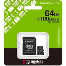 Kingston SDCS3-64GB 64GB Microsdxc Canvas Select Plus Gen3 100MB-S A1 Card + Adapter Hafıza Kartı (Kdo)