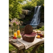 Naturel Dekor Hasır Görünümlü Koyu Kahve Çift Saplı Oval Piknik Sepeti 33X38X25 Cm, Bohem Brunch Sepeti, Dekoratif Sepet, Iskandinav, Modern