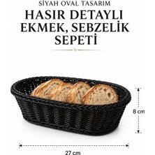 Rosie Siyah Oval Tasarım Hasır Detaylı Ekmek, Sebzelik Sepeti 27X 8 cm