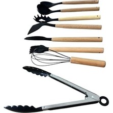 8 Parça Premium Mutfak Seti, Ahşap Saplı ve Silikon Uçlu, Siyah, Kepçe, Spatula, Çırpıcı, Fırça, Maşa Dahil