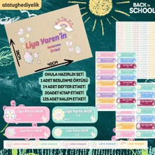 Atatuğ Hediyelik Kişiye Özel Pastel Gökkuşağı Konseptli Okula Hazırlık Seti - Isimli Parlak Etiket ve Beslenme Örtüsü