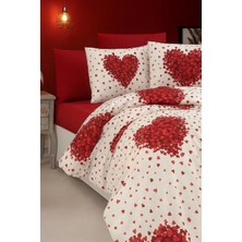 Lüks%80 Pamuklu Çift Kişilik Nevresim Takımı Seti Yorgan Kılıfı Kırmızı Kalp Desen 220X200 cm + Lastikli Battal Boy Çarşaf 180X200X30 cm +2 Yastık Kılıflı 50X70 cm