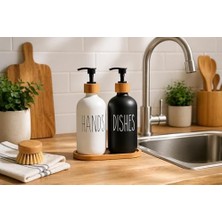 2’li Hands Dishes Siyah Beyaz Cam Sıvı Sabunluk Seti 500 Ml, Bambu Standlı Dekoratif Mutfak & Banyo Sabunluk Dispenser Seti Şık Modern Tasarım