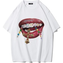 Brz Collection Unisex Oversize Grillz Renkli Taş Dudak Desenli T-Shirt (Beyaz)