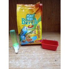 Mavi Yeşil Berra Muhabbet Yem Kraker Hediye 500 Gr+10 cm Parmak Suluk+1 Adet Yemlik