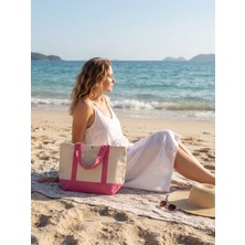Anera Towel Naturel Pembe Kontrast Renkli %100 Pamuklu Kanvas Çıtçıtlı Plaj Çantası Omuz Çantası El Çantası