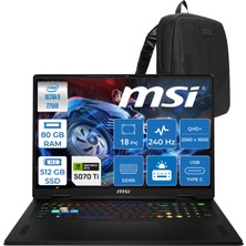 MSI Msı Raider 18 Hx A2WH-1094XTR Intel® Core™ Ultra 9 275HX 80GB Ddr5 512GB SSD 12GB/RTX5070Tİ 140W 18" QHD+(2560X1600), 240Hz 100% Dcı-P3 Ipsfreedos Gaming ZW1094XTRF33+ZETTAÇANTA