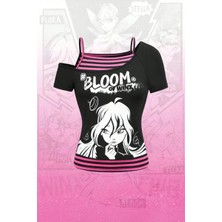 Moonstyle Collection Siyah Winx Club Bloom Ek Askılı Y2K Kısa Kollu Bluz
