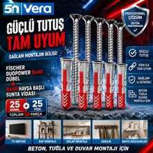 Fischer Duopower 8X40 Dübel ve 5X40 Havşa Başlı Sunta Vidası Seti | 25 Dübel + 25 Vida | Toplam 50 Parça | Beton, Tuğla ve Duvar Montajı Için