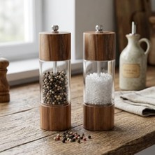 Mabelme Store Akasya Ahşap Detaylı Akrilik Tuz ve Karabiber Öğütücü - Paslanmaz Metal ve Porselen Mekanizmalı Şeffaf Baharat Değirmeni (15 Cm, 1 Adet)