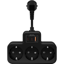 OEM Akım Korumalı Grup Priz Duvar Tipi 3x Priz, 2x Type-C, 1x USB Port Çıkışlı Çoklu Priz (Siyah)