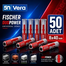Fischer Duopower 8X40 mm Universal Dübel 50 Adet | Çok Amaçlı Duvar Dübeli | Beton, Tuğla, Gazbeton, Alçıpan