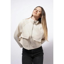 Bellavita Botuique Bellavita Butik 2026 Yeni Sezon Şık Krem Fermuarlı Kadın Crop Ceket