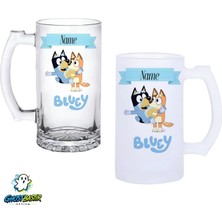 Ghostbastır Design Kişiye Özel Bluey Kulplu Bira Bardağı Buzlu Veya Şeffaf Seçenekli 0316