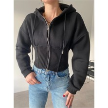 Bellavita Botuique Koyu Gri Korse Detaylı Fermuarlı Kapüşonlu Sweatshirt