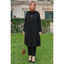 Bellavita Botuique Siyah Kravat Detaylı Büyük Beden Şifon Tunik