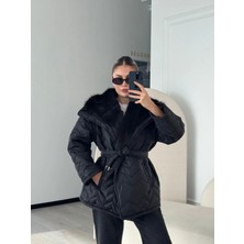 Bellavita Botuique Premium Kadın Siyah Kürk Yaka Mont