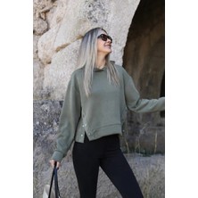 Bellavita Botuique Haki Çıtçıt Detaylı Kapüşonlu Sweatshirt
