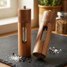 Mabelme Store Akasya Ahşap Detaylı Akrilik Tuz ve Karabiber Öğütücü - Paslanmaz Metal ve Porselen Mekanizmalı Şeffaf Baharat Değirmeni (15 cm ve 20 cm Seçenekli, 1 Adet) (Büyük Boy 20CM)