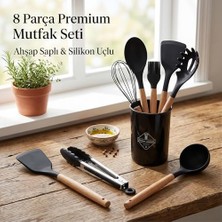 Mabelme Store 8 Parça Premium Mutfak Seti, Ahşap Saplı ve Silikon Uçlu, Siyah, Kepçe, Spatula, Çırpıcı, Fırça, Maşa Dahil