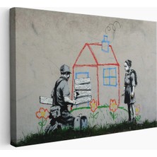 Uslucan Alışveriş Bansky Çocuğun Çizdiği Evin Kapısını Kapatan Adam Kanvas TABLO-5019