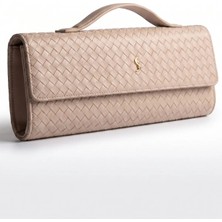 Santini Collection Clutch Çanta Kadın El Çantası Örgü Dokulu Zarif Portföy Clutch Çanta Portföy El Çantası Abiye Krem -Aurelia Clutch